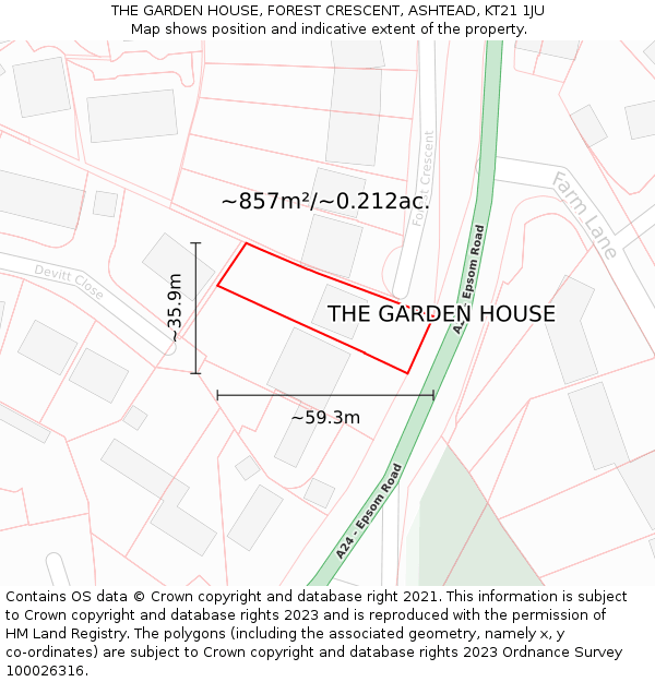 THE GARDEN HOUSE, FOREST CRESCENT, ASHTEAD, KT21 1JU: Plot and title map