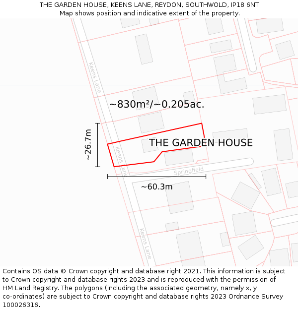THE GARDEN HOUSE, KEENS LANE, REYDON, SOUTHWOLD, IP18 6NT: Plot and title map