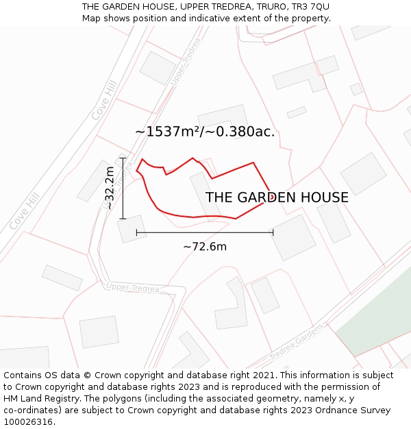 THE GARDEN HOUSE, UPPER TREDREA, TRURO, TR3 7QU: Plot and title map