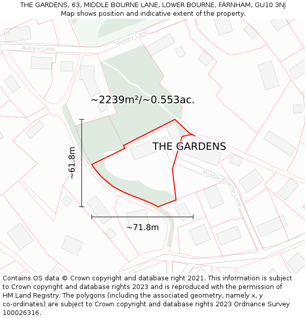 THE GARDENS, 63, MIDDLE BOURNE LANE, LOWER BOURNE, FARNHAM, GU10 3NJ: Plot and title map