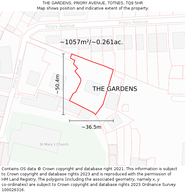 THE GARDENS, PRIORY AVENUE, TOTNES, TQ9 5HR: Plot and title map