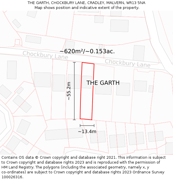 THE GARTH, CHOCKBURY LANE, CRADLEY, MALVERN, WR13 5NA: Plot and title map