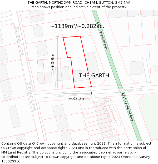 THE GARTH, NORTHDOWN ROAD, CHEAM, SUTTON, SM2 7AA: Plot and title map