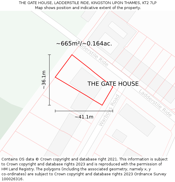 THE GATE HOUSE, LADDERSTILE RIDE, KINGSTON UPON THAMES, KT2 7LP: Plot and title map