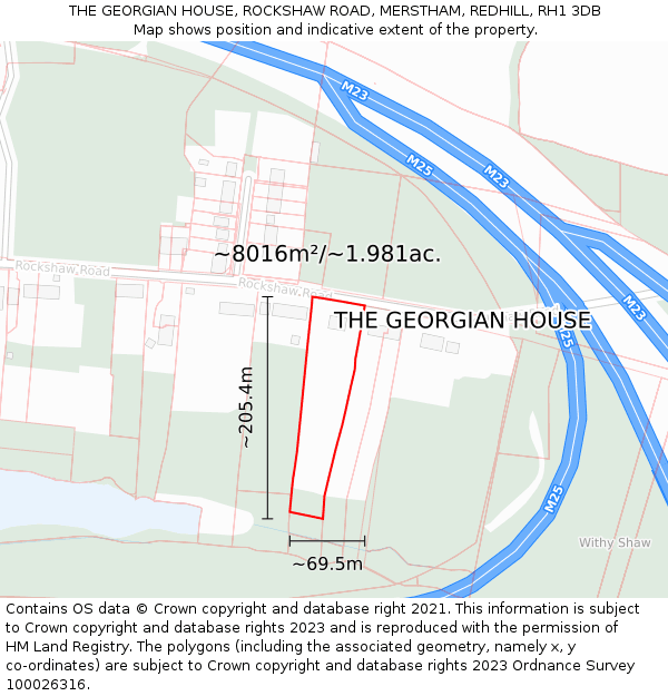 THE GEORGIAN HOUSE, ROCKSHAW ROAD, MERSTHAM, REDHILL, RH1 3DB: Plot and title map
