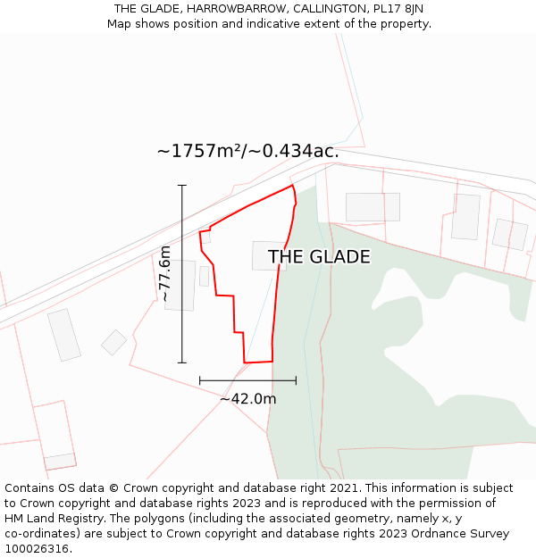 THE GLADE, HARROWBARROW, CALLINGTON, PL17 8JN: Plot and title map