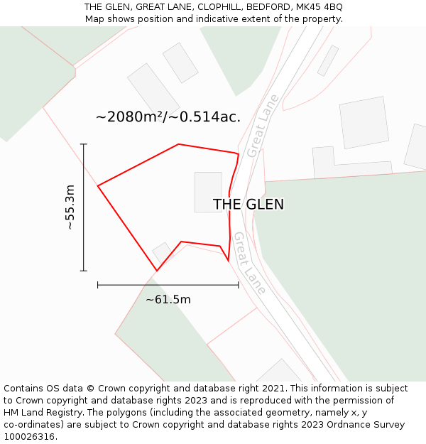 THE GLEN, GREAT LANE, CLOPHILL, BEDFORD, MK45 4BQ: Plot and title map