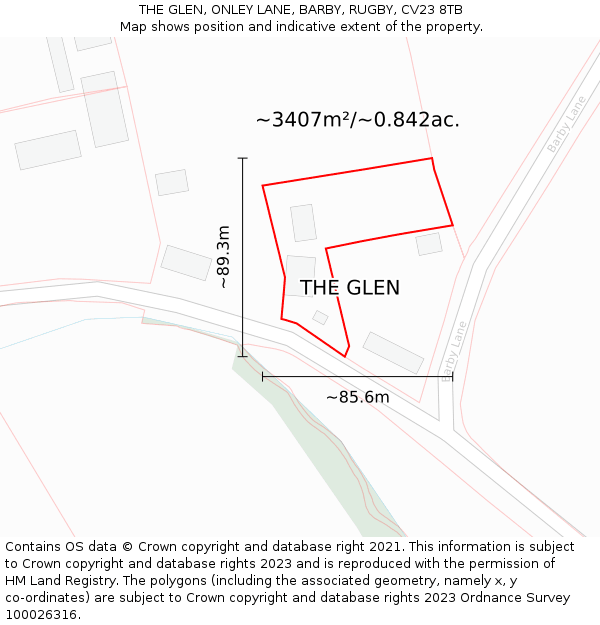 THE GLEN, ONLEY LANE, BARBY, RUGBY, CV23 8TB: Plot and title map