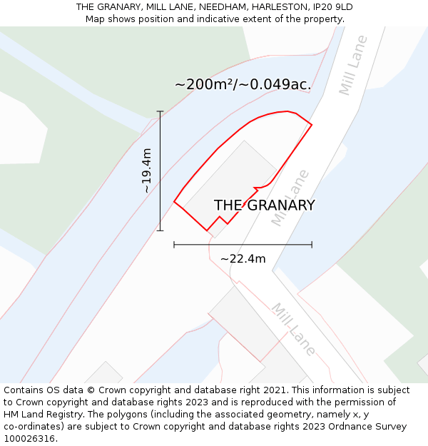 THE GRANARY, MILL LANE, NEEDHAM, HARLESTON, IP20 9LD: Plot and title map
