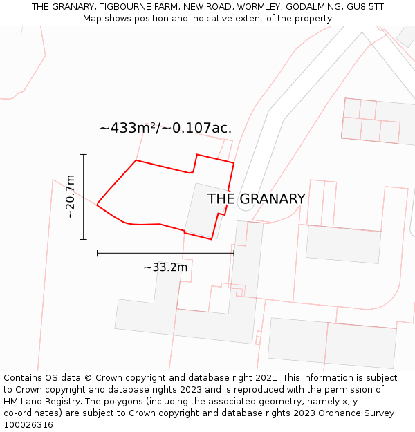 THE GRANARY, TIGBOURNE FARM, NEW ROAD, WORMLEY, GODALMING, GU8 5TT: Plot and title map