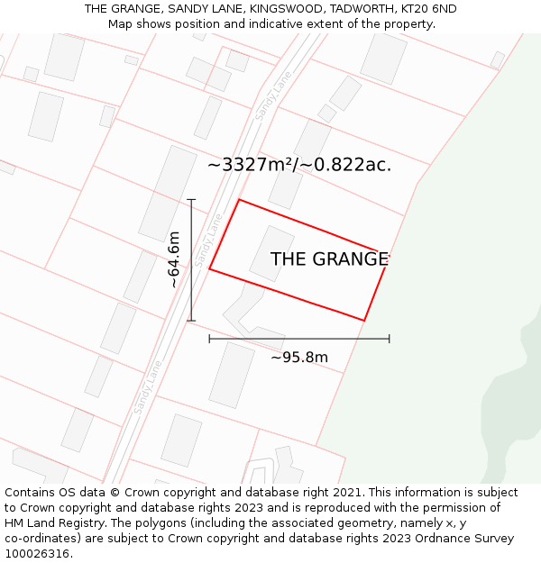 THE GRANGE, SANDY LANE, KINGSWOOD, TADWORTH, KT20 6ND: Plot and title map