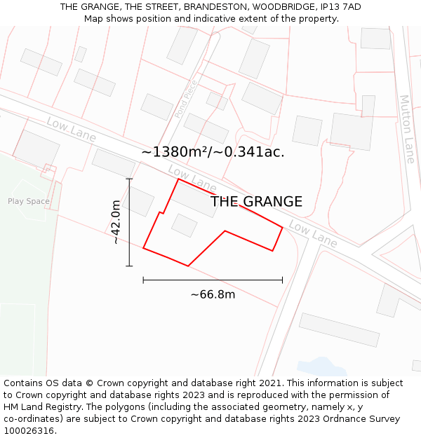 THE GRANGE, THE STREET, BRANDESTON, WOODBRIDGE, IP13 7AD: Plot and title map