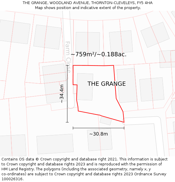 THE GRANGE, WOODLAND AVENUE, THORNTON-CLEVELEYS, FY5 4HA: Plot and title map