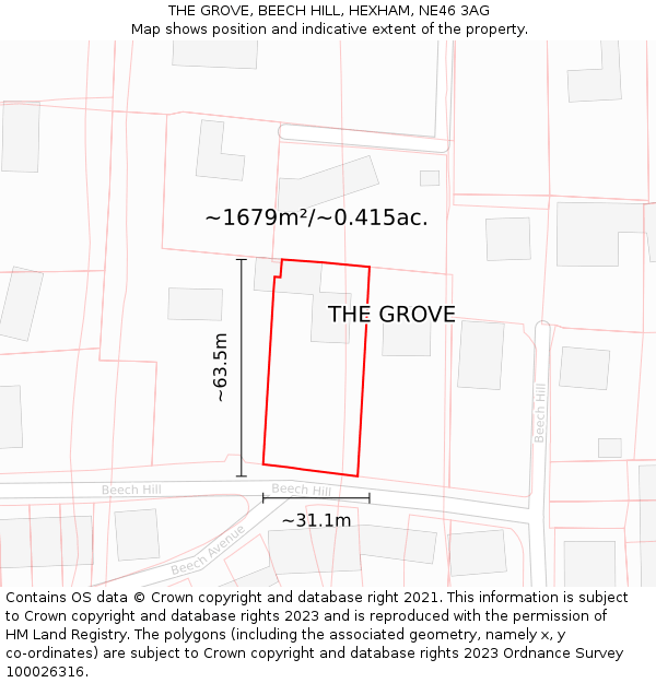 THE GROVE, BEECH HILL, HEXHAM, NE46 3AG: Plot and title map