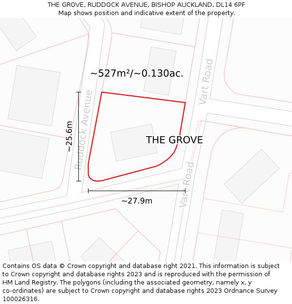 THE GROVE, RUDDOCK AVENUE, BISHOP AUCKLAND, DL14 6PF: Plot and title map