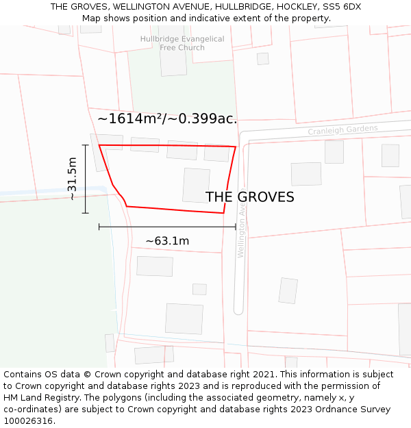 THE GROVES, WELLINGTON AVENUE, HULLBRIDGE, HOCKLEY, SS5 6DX: Plot and title map