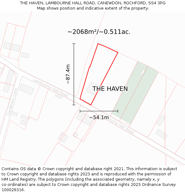 THE HAVEN, LAMBOURNE HALL ROAD, CANEWDON, ROCHFORD, SS4 3PG: Plot and title map
