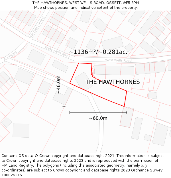 THE HAWTHORNES, WEST WELLS ROAD, OSSETT, WF5 8PH: Plot and title map