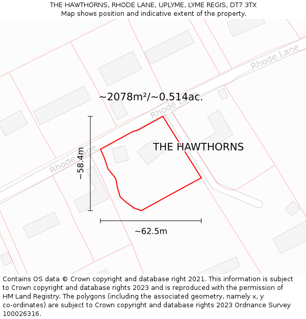 THE HAWTHORNS, RHODE LANE, UPLYME, LYME REGIS, DT7 3TX: Plot and title map