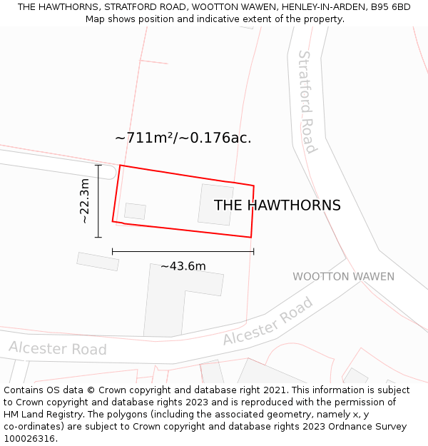 THE HAWTHORNS, STRATFORD ROAD, WOOTTON WAWEN, HENLEY-IN-ARDEN, B95 6BD: Plot and title map