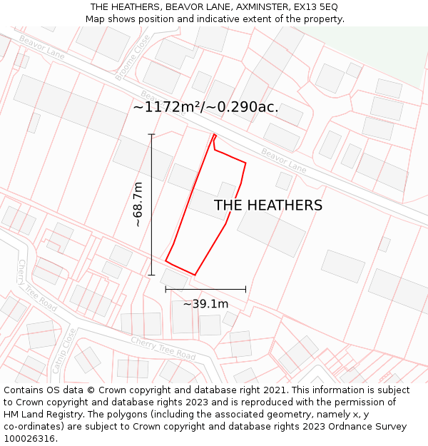 THE HEATHERS, BEAVOR LANE, AXMINSTER, EX13 5EQ: Plot and title map