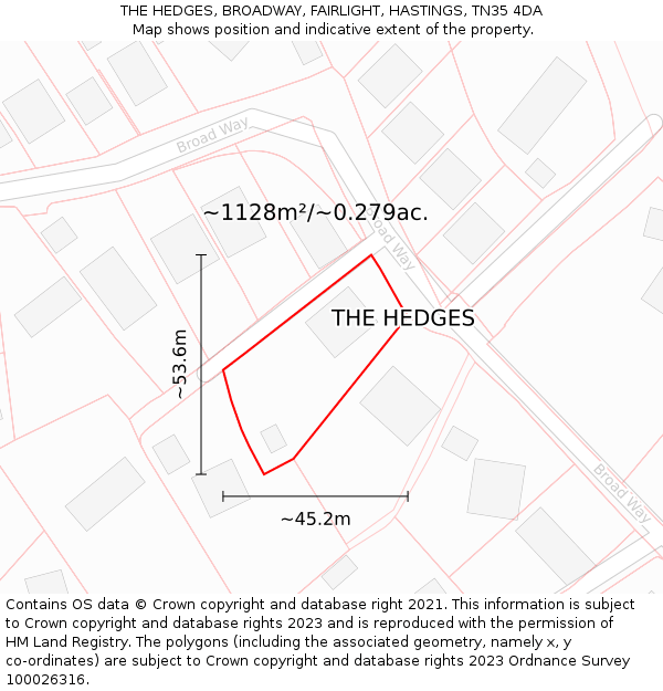 THE HEDGES, BROADWAY, FAIRLIGHT, HASTINGS, TN35 4DA: Plot and title map