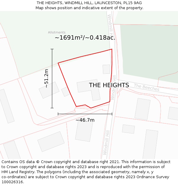THE HEIGHTS, WINDMILL HILL, LAUNCESTON, PL15 9AG: Plot and title map