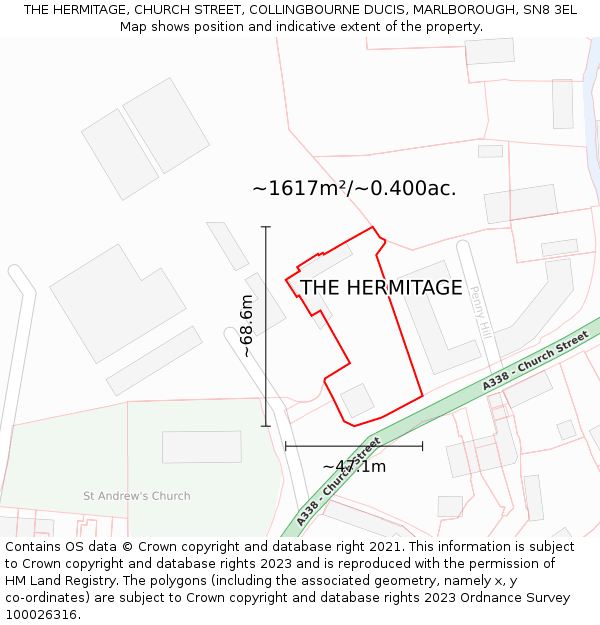 THE HERMITAGE, CHURCH STREET, COLLINGBOURNE DUCIS, MARLBOROUGH, SN8 3EL: Plot and title map
