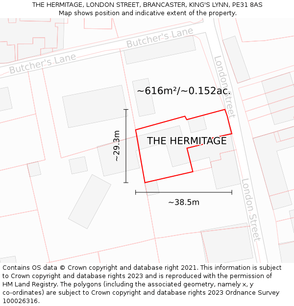 THE HERMITAGE, LONDON STREET, BRANCASTER, KING'S LYNN, PE31 8AS: Plot and title map