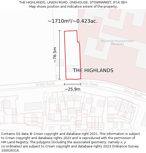 THE HIGHLANDS, UNION ROAD, ONEHOUSE, STOWMARKET, IP14 3EH: Plot and title map