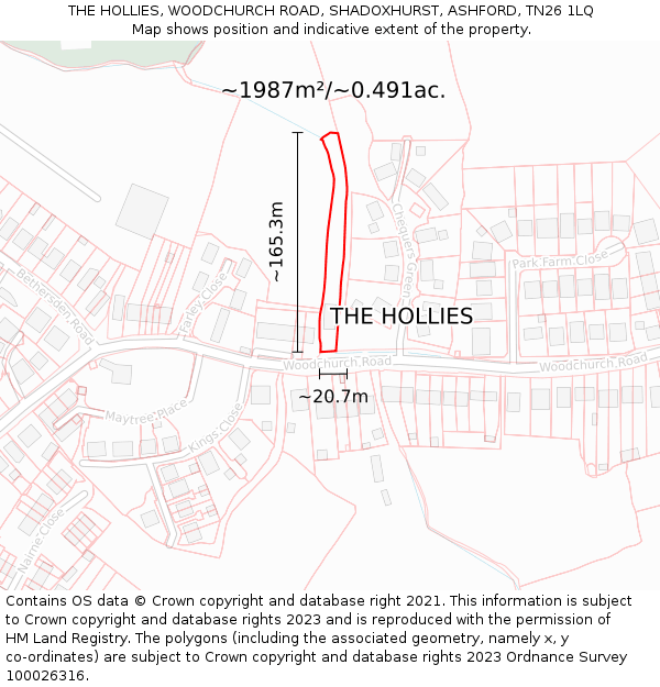 THE HOLLIES, WOODCHURCH ROAD, SHADOXHURST, ASHFORD, TN26 1LQ: Plot and title map