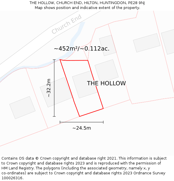 THE HOLLOW, CHURCH END, HILTON, HUNTINGDON, PE28 9NJ: Plot and title map