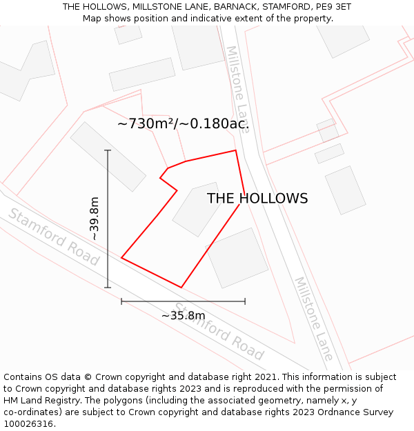 THE HOLLOWS, MILLSTONE LANE, BARNACK, STAMFORD, PE9 3ET: Plot and title map