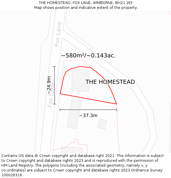 THE HOMESTEAD, FOX LANE, WIMBORNE, BH21 2EF: Plot and title map