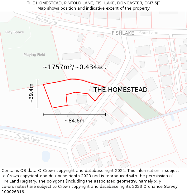THE HOMESTEAD, PINFOLD LANE, FISHLAKE, DONCASTER, DN7 5JT: Plot and title map