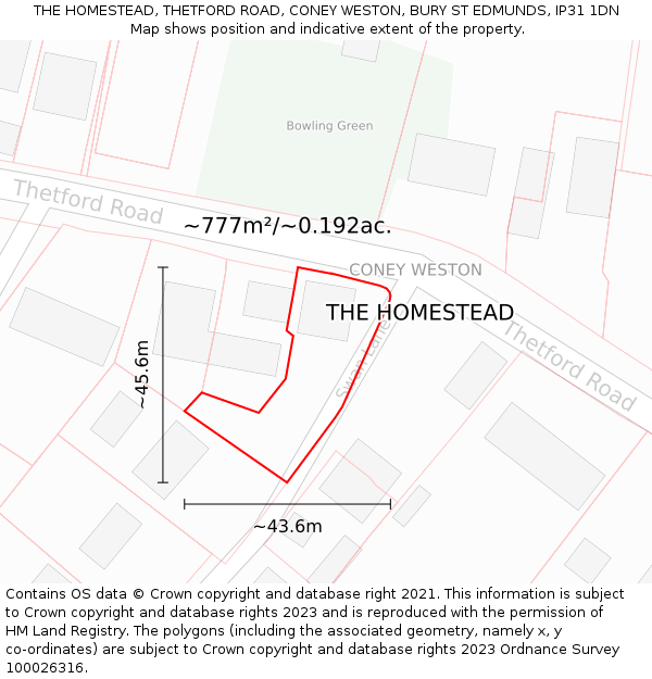 THE HOMESTEAD, THETFORD ROAD, CONEY WESTON, BURY ST EDMUNDS, IP31 1DN: Plot and title map