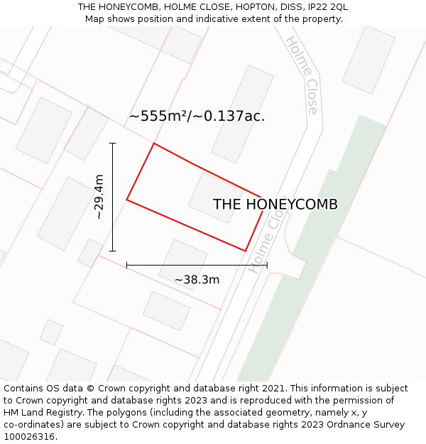 THE HONEYCOMB, HOLME CLOSE, HOPTON, DISS, IP22 2QL: Plot and title map