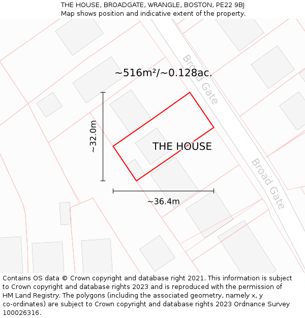 THE HOUSE, BROADGATE, WRANGLE, BOSTON, PE22 9BJ: Plot and title map