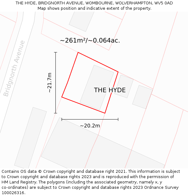 THE HYDE, BRIDGNORTH AVENUE, WOMBOURNE, WOLVERHAMPTON, WV5 0AD: Plot and title map