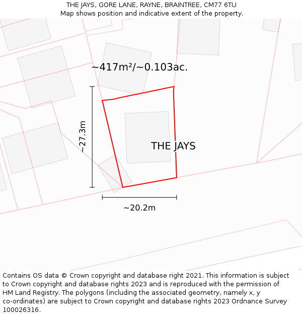 THE JAYS, GORE LANE, RAYNE, BRAINTREE, CM77 6TU: Plot and title map
