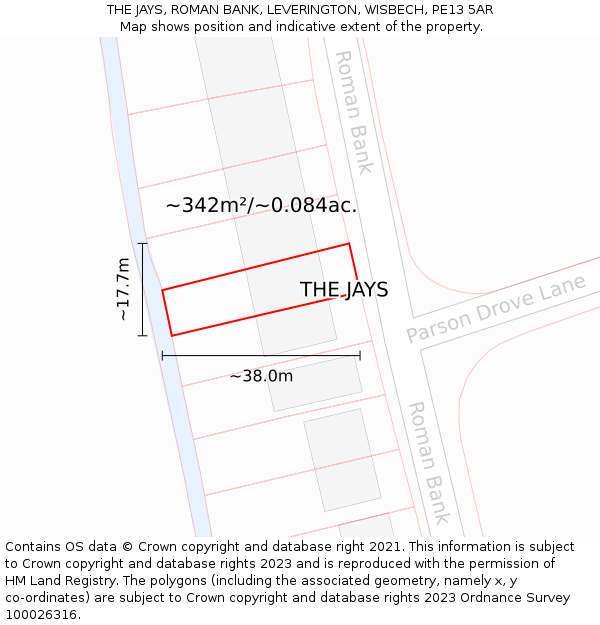THE JAYS, ROMAN BANK, LEVERINGTON, WISBECH, PE13 5AR: Plot and title map