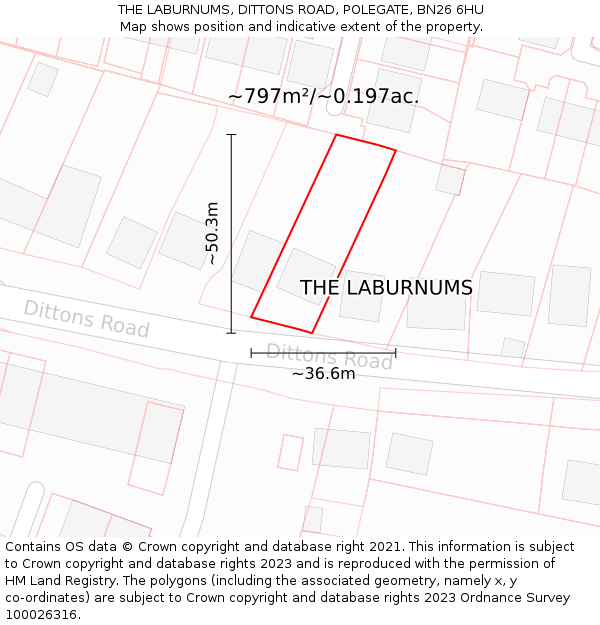 THE LABURNUMS, DITTONS ROAD, POLEGATE, BN26 6HU: Plot and title map