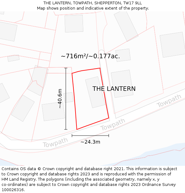 THE LANTERN, TOWPATH, SHEPPERTON, TW17 9LL: Plot and title map