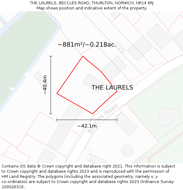 THE LAURELS, BECCLES ROAD, THURLTON, NORWICH, NR14 6RJ: Plot and title map