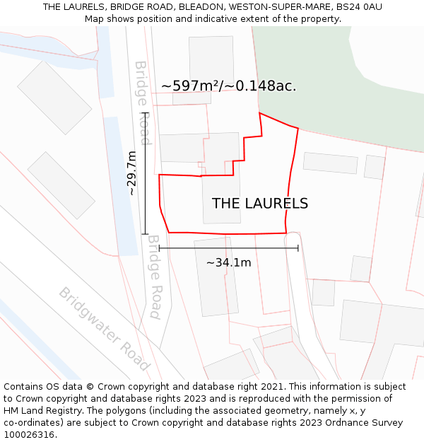 THE LAURELS, BRIDGE ROAD, BLEADON, WESTON-SUPER-MARE, BS24 0AU: Plot and title map