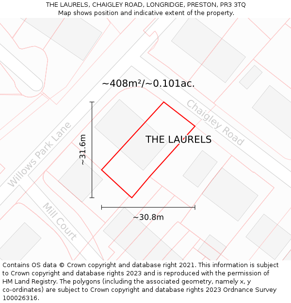 THE LAURELS, CHAIGLEY ROAD, LONGRIDGE, PRESTON, PR3 3TQ: Plot and title map