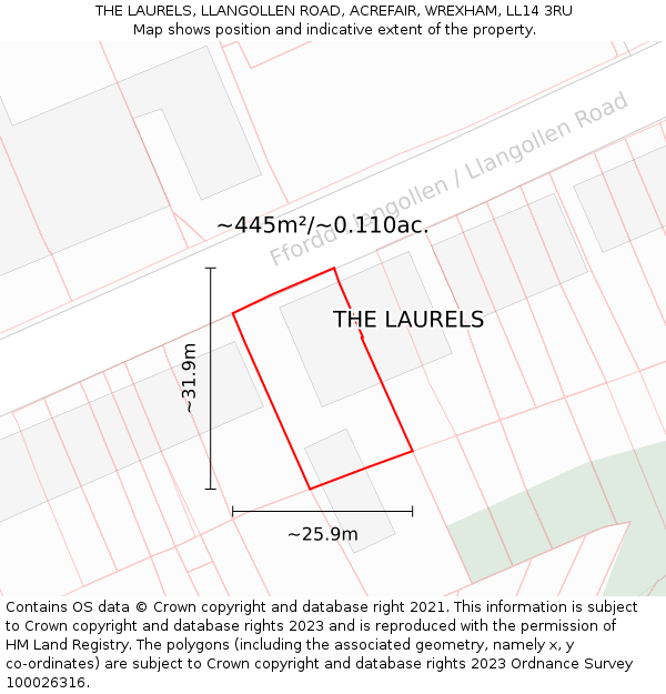 THE LAURELS, LLANGOLLEN ROAD, ACREFAIR, WREXHAM, LL14 3RU: Plot and title map
