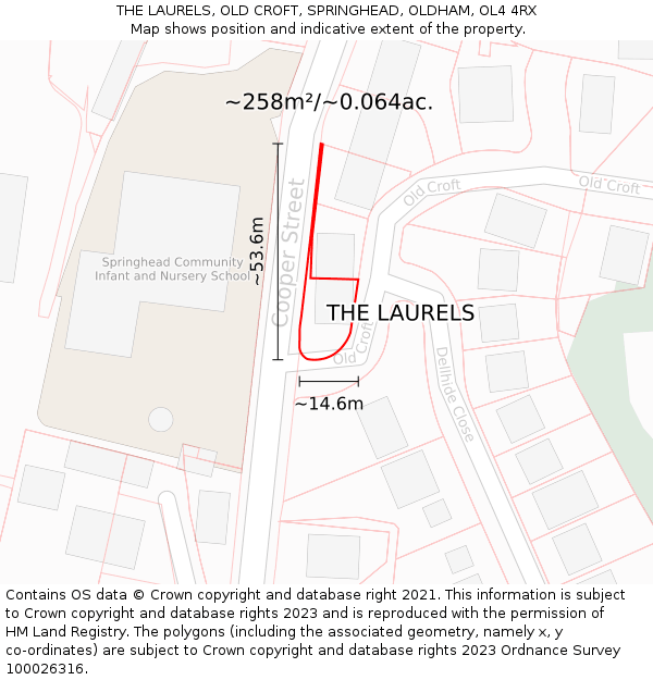 THE LAURELS, OLD CROFT, SPRINGHEAD, OLDHAM, OL4 4RX: Plot and title map