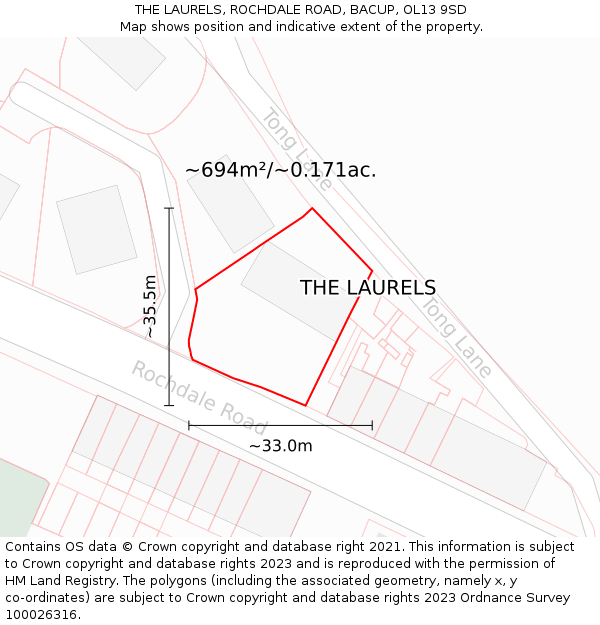 THE LAURELS, ROCHDALE ROAD, BACUP, OL13 9SD: Plot and title map