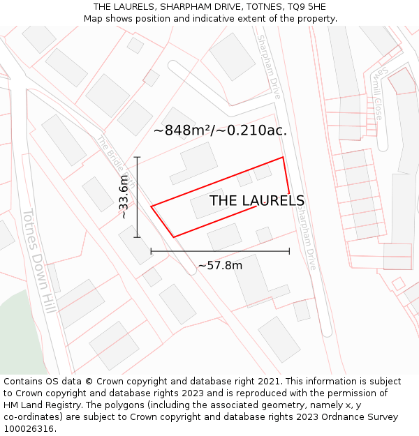 THE LAURELS, SHARPHAM DRIVE, TOTNES, TQ9 5HE: Plot and title map